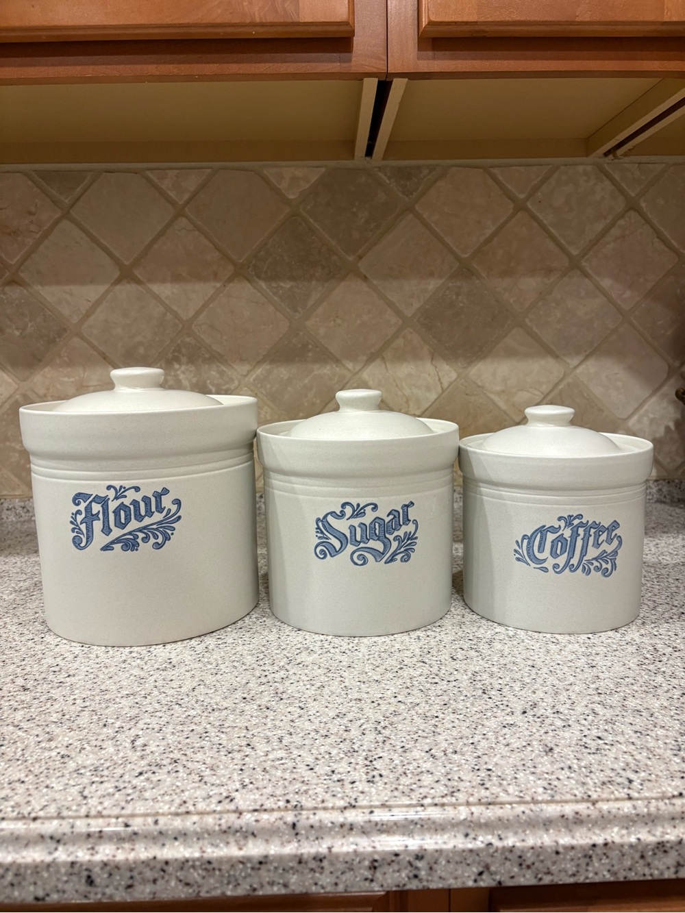 Pfaltzgraff White Ceramic Flour Sugar Coffee Canister Set with Blue Script
